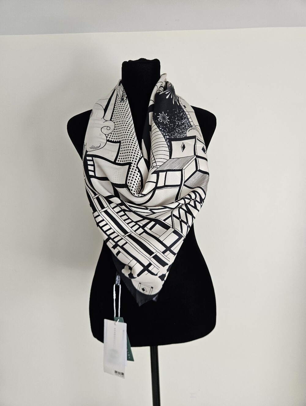 Black and White Geometric Silk Scarf